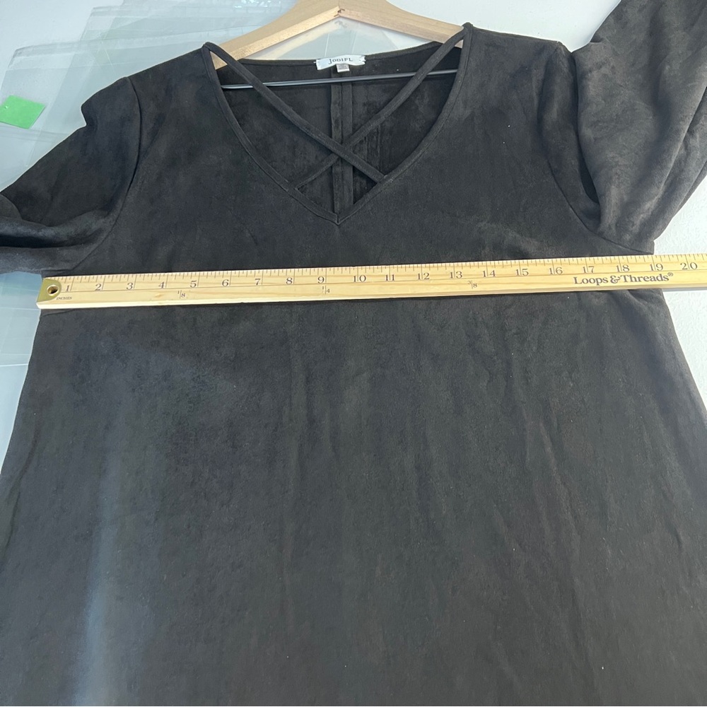 JODIFL Black Faux Suede Crisscross V-Neck Lace‎ Trim Flare Sleeve Dress M - Picture 10 of 12